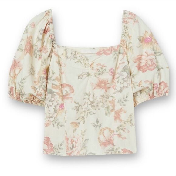 Linen square neck puff sleeve cropped blouse floral size M - Picture 13 of 14